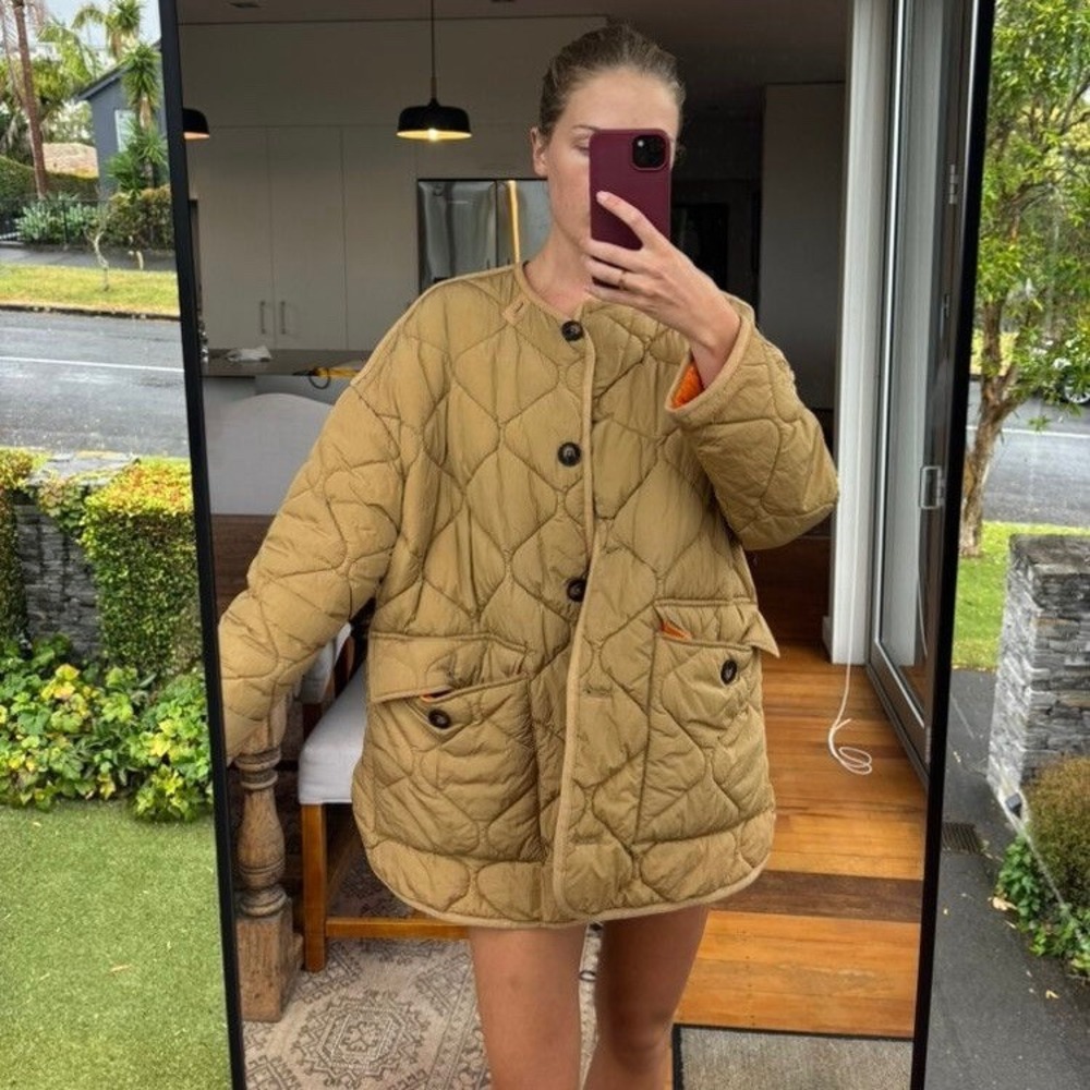 Zara Quilted Jacket Tan Khaki Oversized Button Up Puffer Liner Coat Womens S - Picture 2 of 9